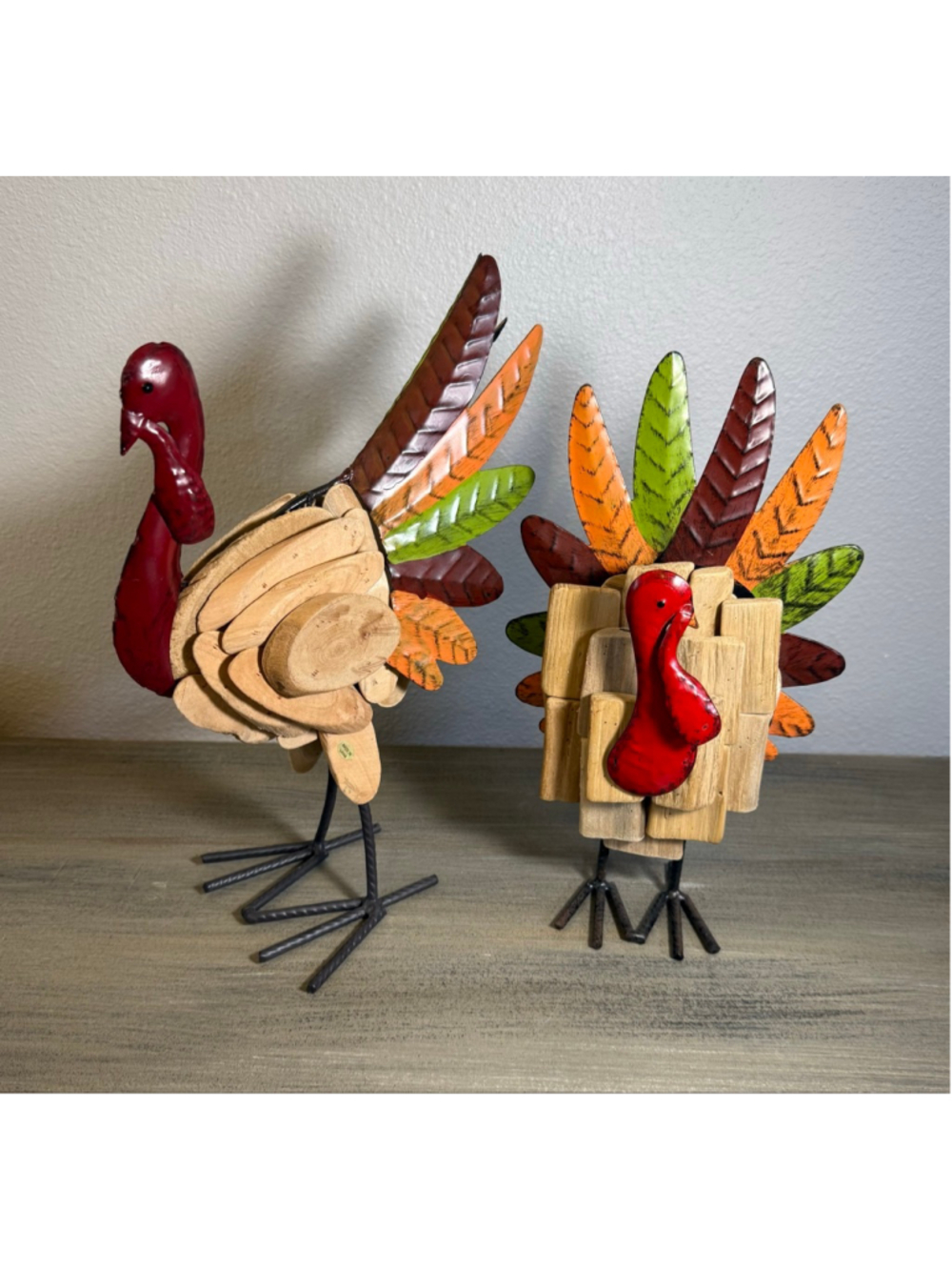 rustic wood and metal turkey figurines Thanksgiving fall tabletop decor